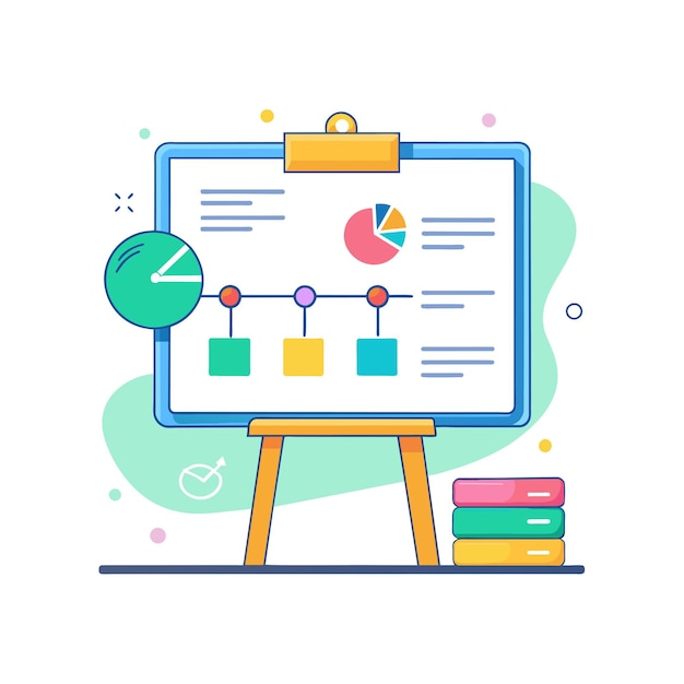 Tabla blanca interactiva con diagramas y notas de ilustración vectorial
