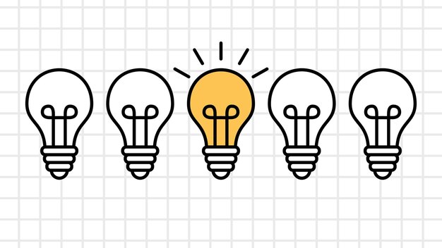 Tabla blanca lineal Vector de lámpara de bombilla con sólo un brillo Describe la creatividad la idea de singularidad