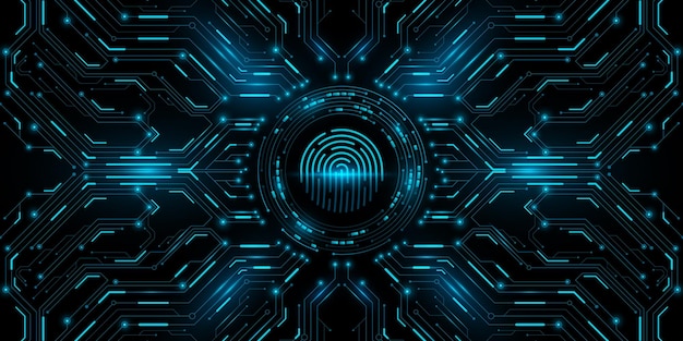 Tabla de ciencia ficción futurista con escaneo de huellas dactilares Panel de ciberseguridad con datos biométricos del usuario Panel de CPU Hitech con círculo HUD brillante Diseño tecnológico Vector