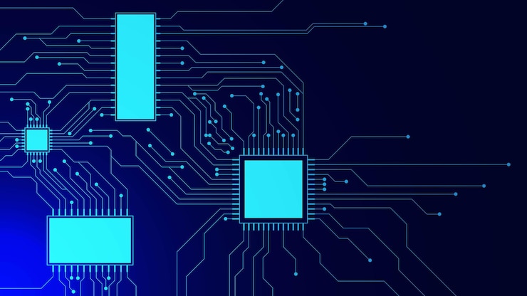 Vector tabla de circuito azul con procesador de microchip visualización de grandes datos computadora cuántica digital