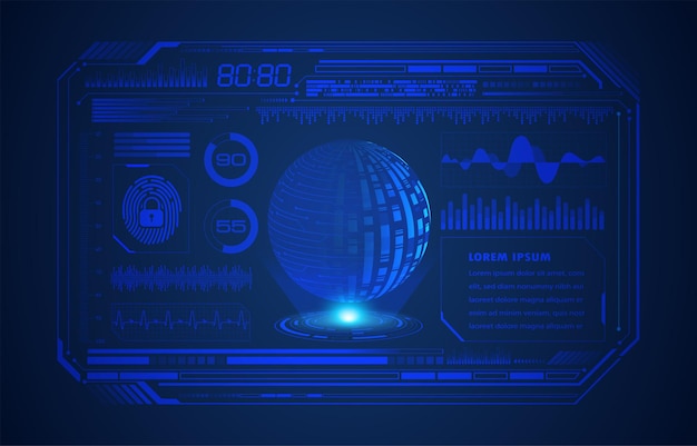 Vector tabla de circuitos binarios mundo tecnología futura azul hud concepto de seguridad cibernética antecedentes