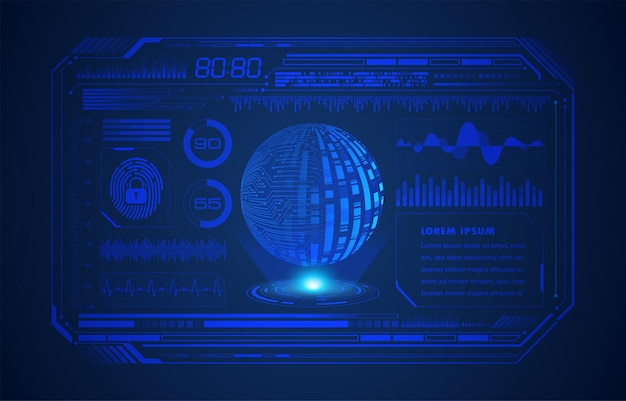 Tabla de circuitos binarios mundo tecnología futura azul hud concepto de seguridad cibernética antecedentes