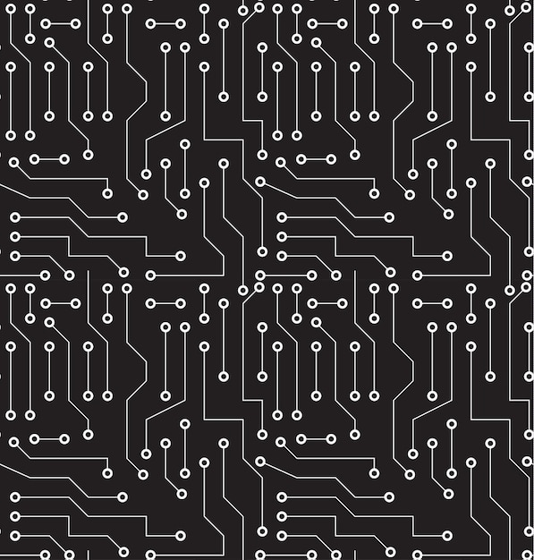 Vector tabla de circuitos impresos en blanco y negro fondo sin costura con patrón en muestras