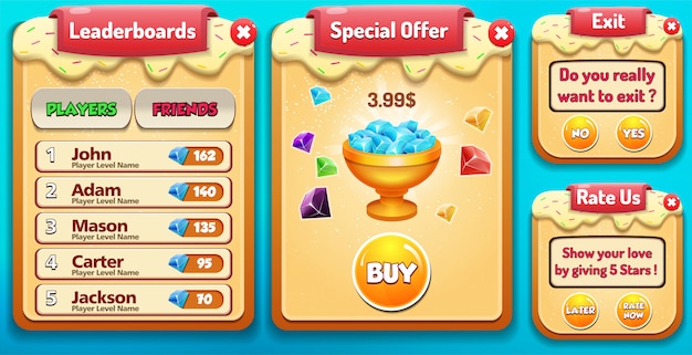 La tabla de clasificación, la oferta especial, el índice y el menú emergente aparecen con la puntuación de estrellas y los botones GUI