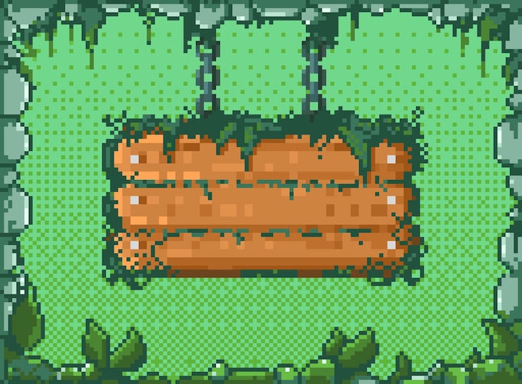 Vector tabla colgante de píxeles retro juego de arcade cartel en blanco vintage 8 bits placa de marco de hierro metálico de madera para texto conjunto aislado vectorial