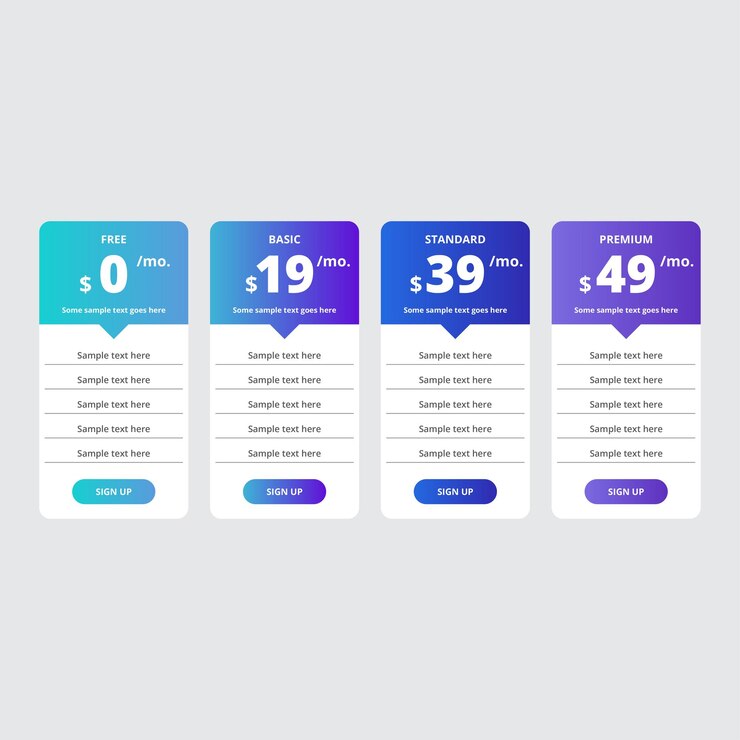 Vector tabla de comparación de precios para cuatro productos servicios de diseño azul paquetes de precios de suscripción saas