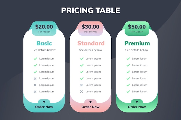 Vector tabla de comparación de precios moderna para productos o servicios.