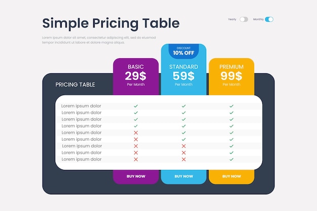 Vector tabla de comparación de precios moderna para productos o servicios.