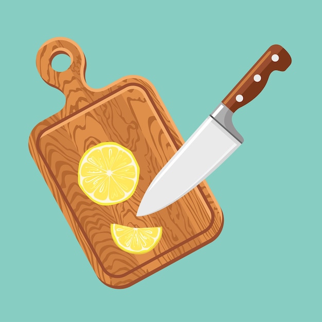 Tabla de cortar de cocina y cuchillo de cocina con rebanadas de limón