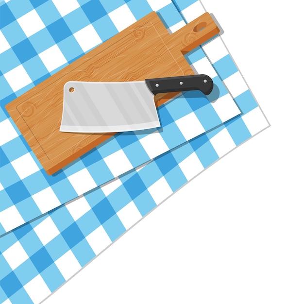 Tabla de cortar de madera y cuchillo de cocina. Mesa con mantel. Cuchillo de carnicero y tabla de cortar. Utensilios, cubiertos para el hogar. Cocinar, menaje de hogar. Ilustración de vector de estilo plano