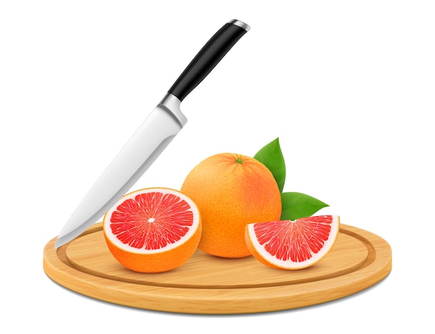 Vector tabla de cortar con pomelo fresco y jugoso aislado sobre fondo blanco entero y en rodajas