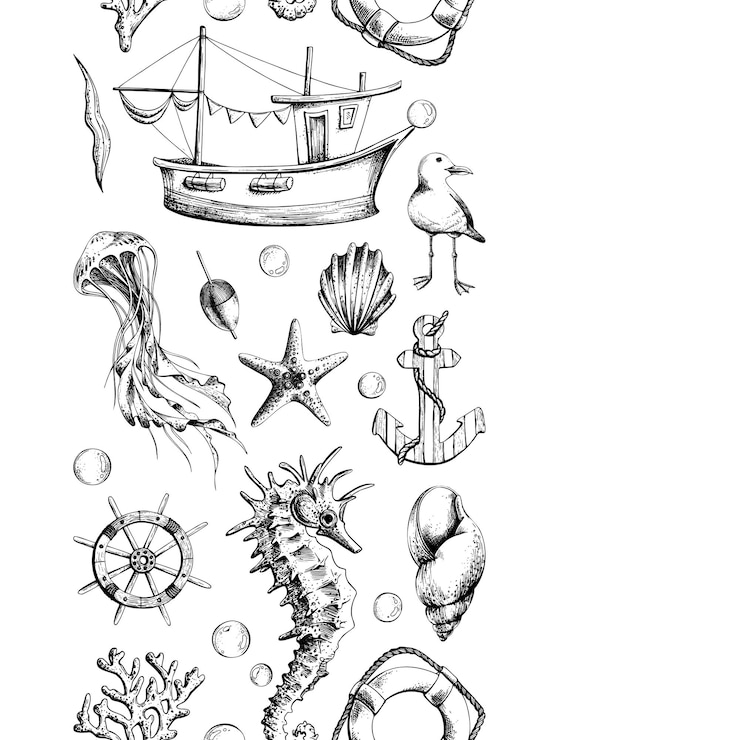 Vector tabla sin costuras con habitantes marinos submarinos un faro y una ilustración de un barco gráfico
