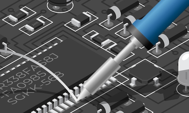Tabla electrónica isométrica con soldador Tabla de circuitos impresos isométricos con componentes electrónicos Reparación electrónica
