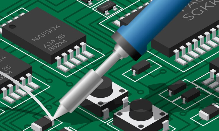 Vector tabla electrónica isométrica con soldador tabla de circuitos impresos isométricos con componentes electrónicos reparación electrónica