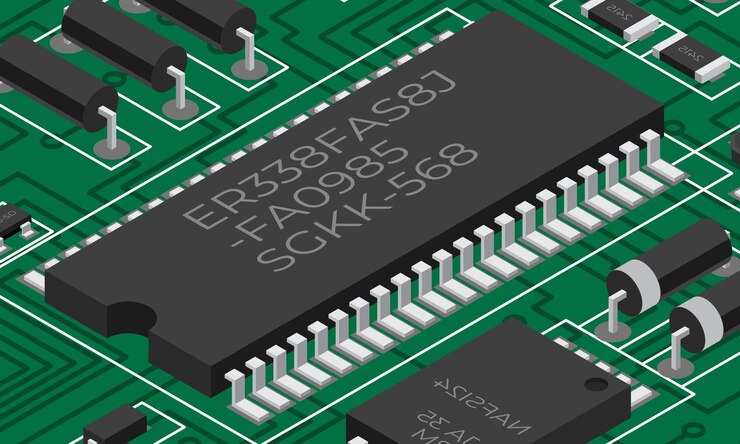 Vector tabla electrónica isométrica tabla de circuitos impresos isométricos con componentes electrónicos componentes electrónicos y placa de circuitos integrados