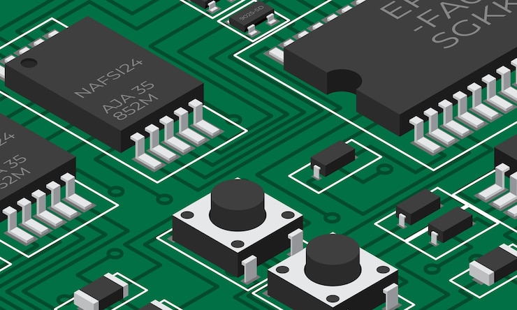 Vector tabla electrónica isométrica tabla de circuitos impresos isométricos con componentes electrónicos componentes electrónicos y placa de circuitos integrados