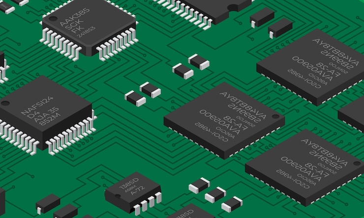 Vector tabla electrónica isométrica tabla de circuitos impresos isométricos con componentes electrónicos componentes electrónicos y placa de circuitos integrados
