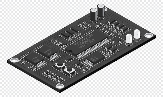 Tabla electrónica isométrica Tabla de circuitos impresos isométricos con componentes electrónicos Componentes electrónicos y placa de circuitos integrados