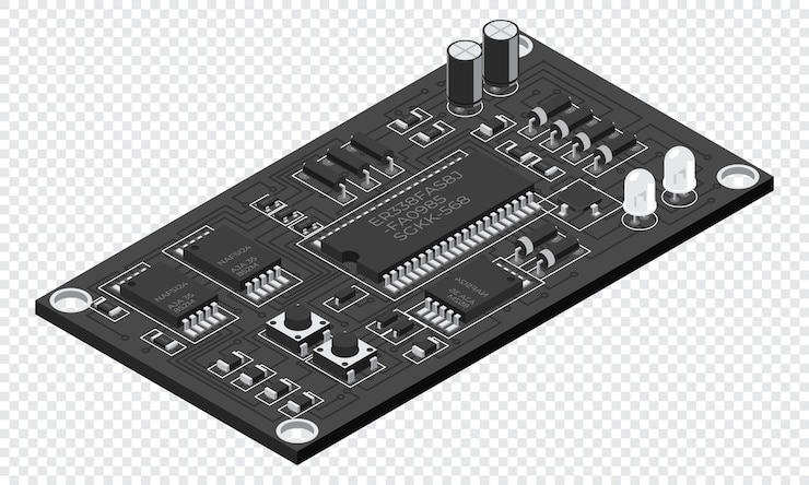 Vector tabla electrónica isométrica tabla de circuitos impresos isométricos con componentes electrónicos componentes electrónicos y placa de circuitos integrados
