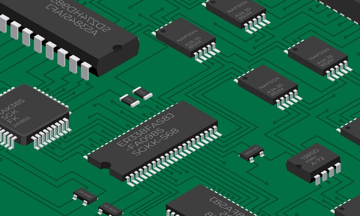 Vector tabla electrónica isométrica tabla de circuitos impresos isométricos con componentes electrónicos componentes electrónicos y placa de circuitos integrados