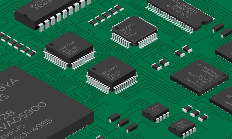 Vector tabla electrónica isométrica tabla de circuitos impresos isométricos con componentes electrónicos componentes electrónicos y placa de circuitos integrados