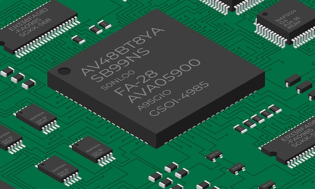 Tabla electrónica isométrica Tabla de circuitos impresos isométricos con componentes electrónicos Componentes electrónicos y placa de circuitos integrados