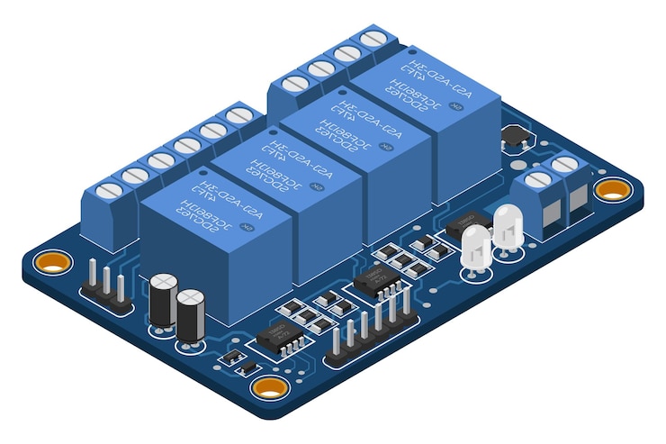 Vector tabla electrónica isométrica tabla de circuitos impresos isométricos con componentes electrónicos componentes electrónicos y placa de circuitos integrados