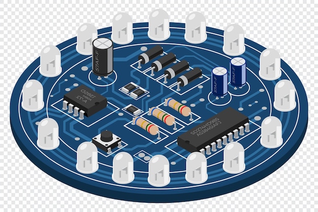 Tabla electrónica isométrica Tabla de circuitos impresos isométricos con componentes electrónicos Componentes electrónicos y placa de circuitos integrados