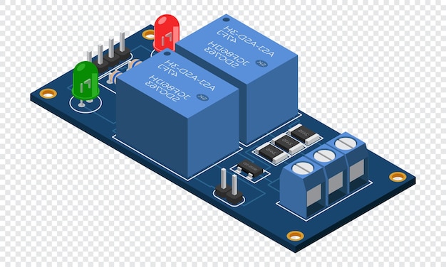 Tabla electrónica isométrica Tabla de circuitos impresos isométricos con componentes electrónicos Componentes electrónicos y placa de circuitos integrados