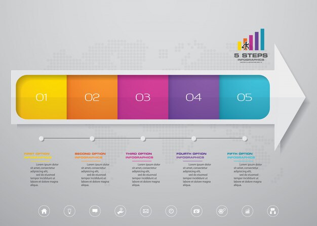 Tabla de elemento de infografía de flecha de 5 pasos para la presentación.