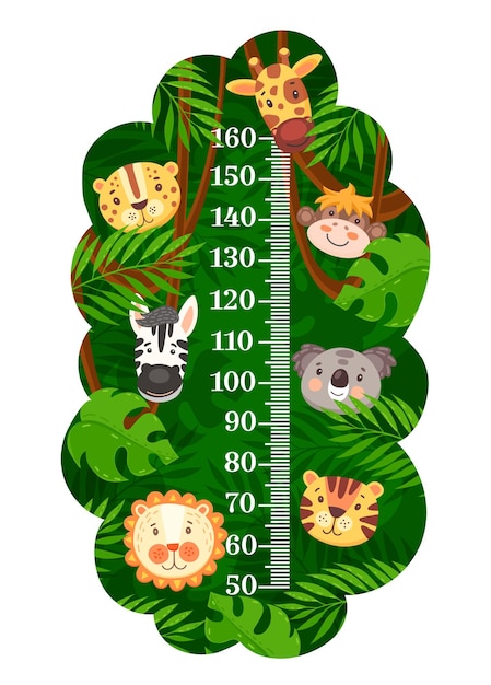 Vector tabla de estatura para niños con animales tropicales africanos