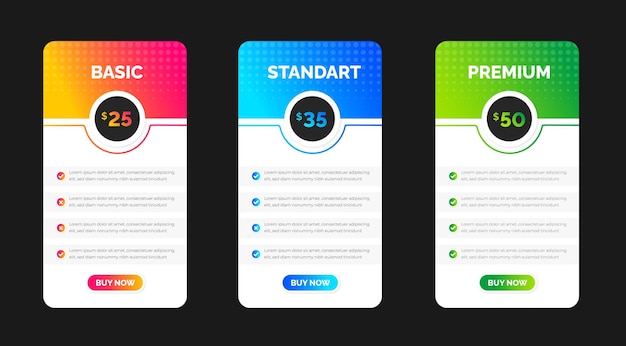 Tabla de gráfico de precios de aplicaciones de UX Diseño de suscripción o sitio web Plantilla de diseño de tabla de gráfico de precios