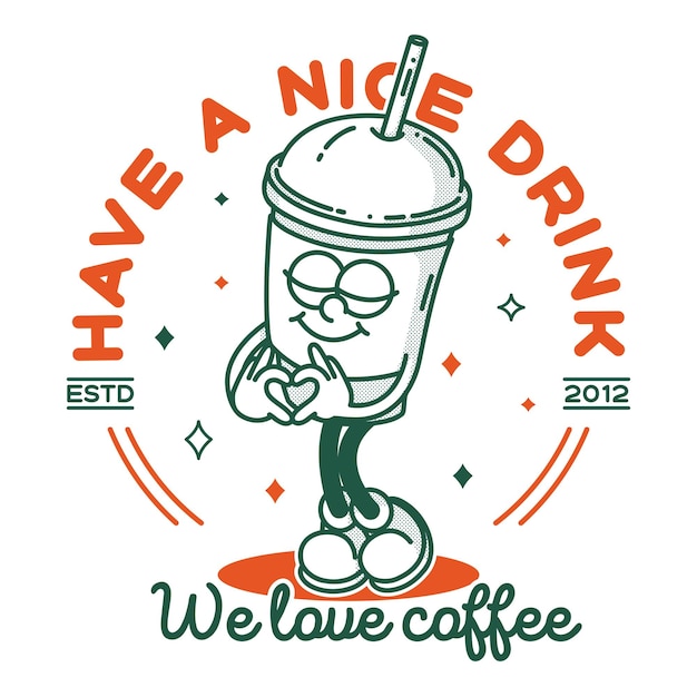 Tabla de logotipo del cartel de publicidad de la tienda de café Retro coffe to go mascota