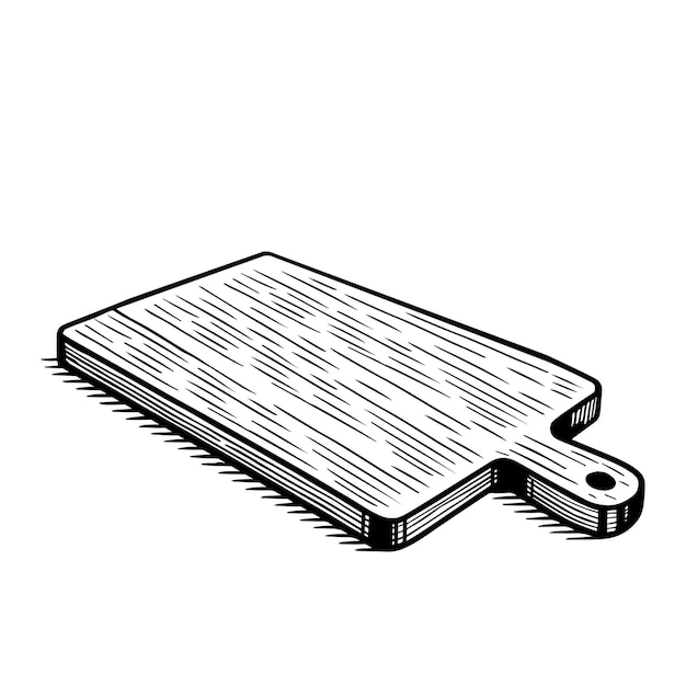 Tabla de madera de corte de boceto Tabla rectangular con mango Equipo de cocina vector vintage