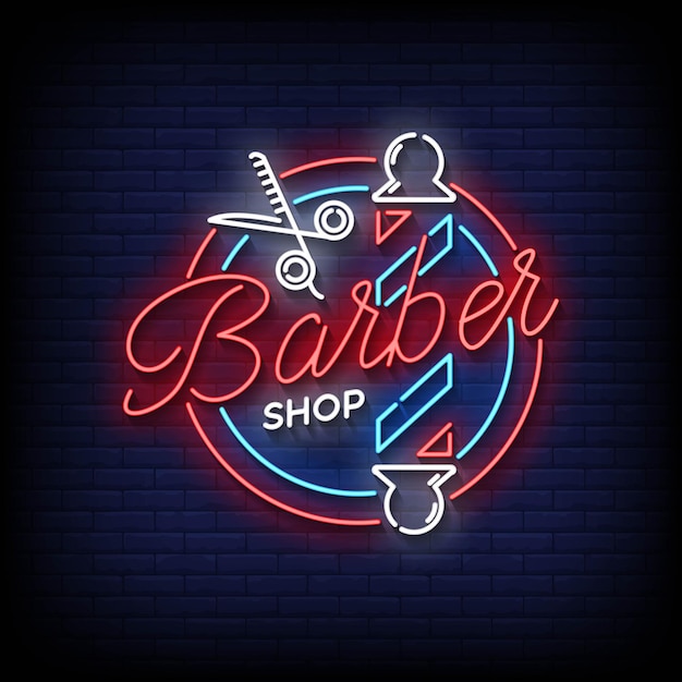 Tabla de neón de barbería con vector de fondo en la pared de ladrillo