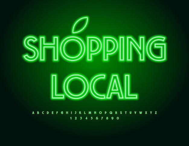 Tabla de neón vectorial Compras Alfabeto de neón verde local Letras y números fuente brillante moderna