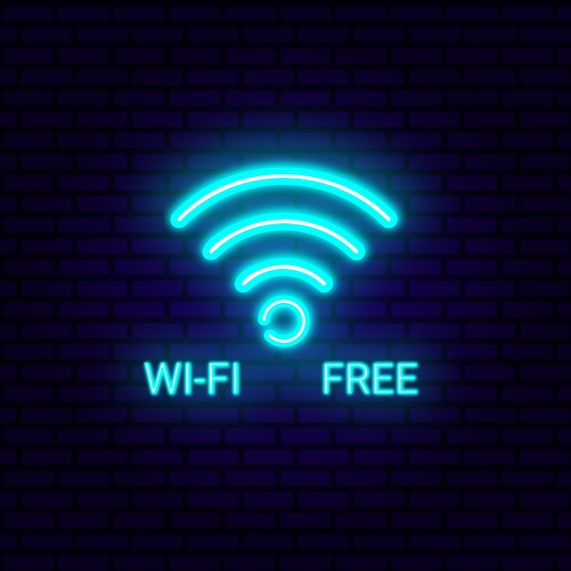 Tabla de neón con Wi-Fi gratuito luz publicitaria brillante nocturna inscripción ilustración vectorial
