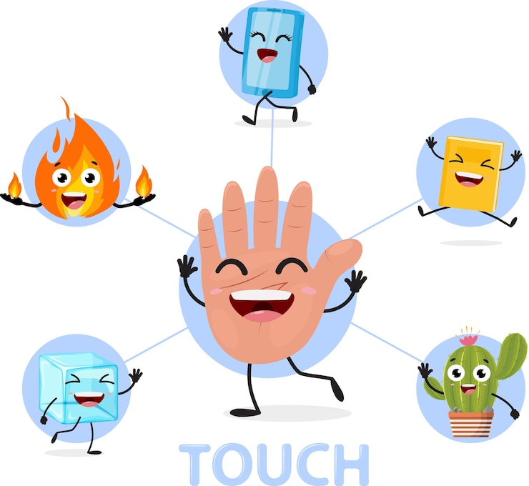 Vector tabla de órganos del sentido del tacto personaje de dibujos animados