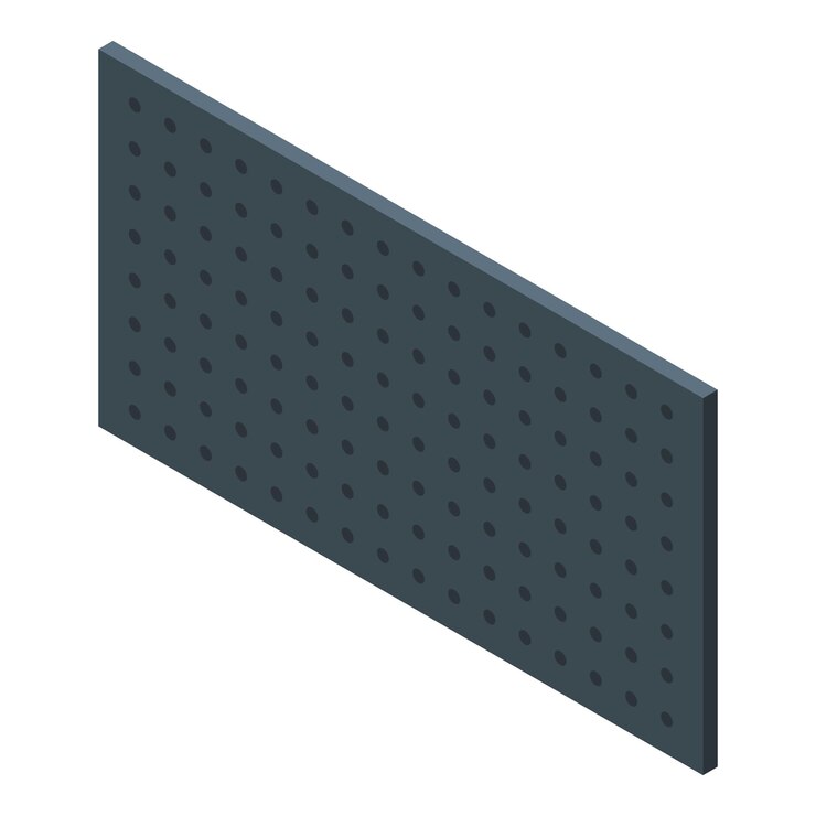 Vector tabla de pegboard gris oscuro que organiza el equipo de oficina vista isométrica