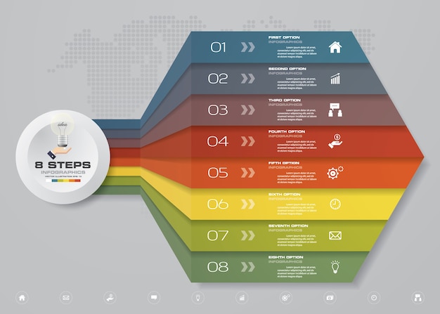 Tabla de plantilla de flecha de infografía de 8 pasos.