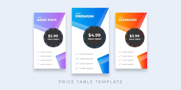 Tabla de precios diseño moderno lista de precios planes de suscripción de diseño de elemento web ui
