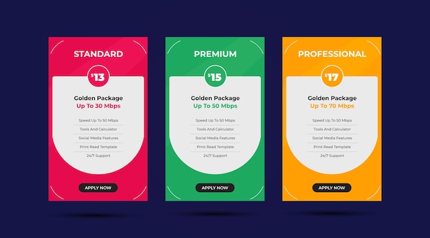 Tabla de precios en estilo de diseño plano para sitios web y aplicaciones, diseño infográfico