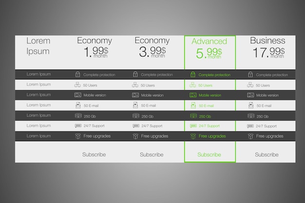 Vector tabla de precios en estilo de diseño de tarifas para sitios web de almacenamiento en la nube