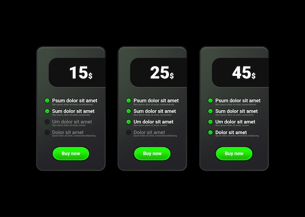 Tabla de precios o lista de precios con botón verde para sitios web y aplicaciones. Vector