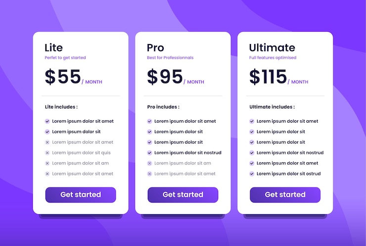 Vector tabla de precios de plantilla para sitio web comercial