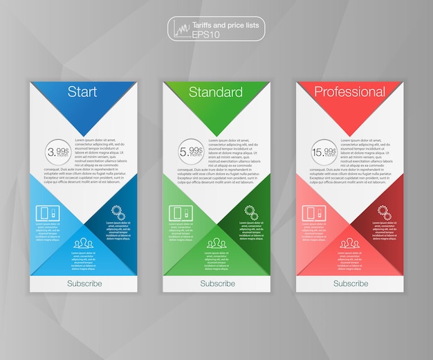 Tabla de precios web Diseño vectorial para aplicación web Establecer tarifas Plan para sitio web en diseño plano
