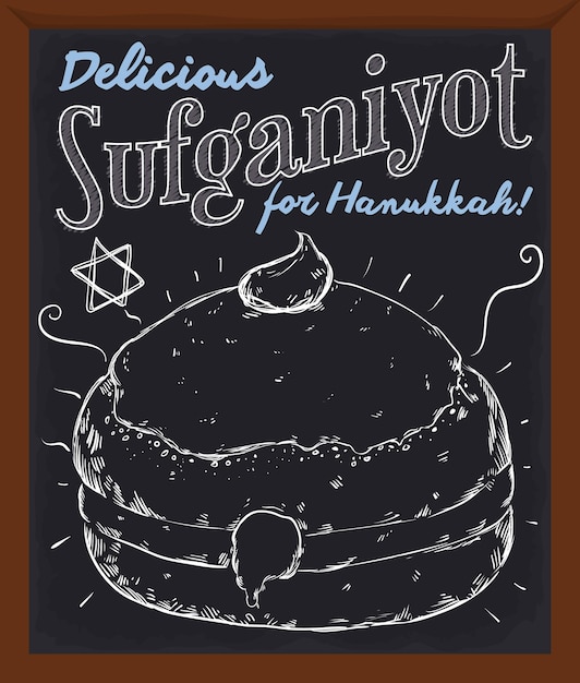 Tabla promocional para el delicioso sufganiyot en la temporada de hanukkah en estilo dibujado a mano