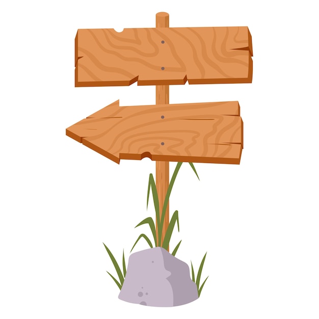 Tabla de señales de madera Señal de señalización de madera rústica Señal de dirección de flecha Señal de borde plano Ilustración vectorial aislada Tabla de señalización en madera de dibujos animados en blanco