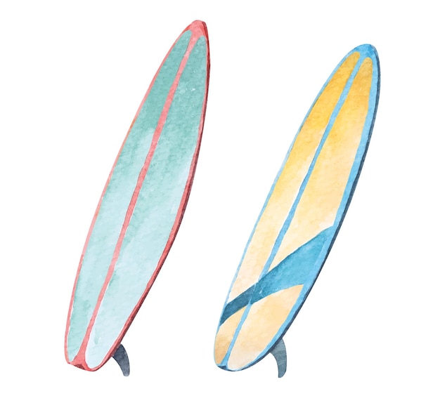 Tabla de surf acuarela dibujada a mano. Hola verano. Deportes extremos acuáticos.