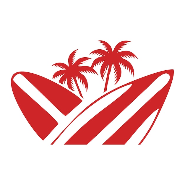 Vector una tabla de surf roja y blanca con dos palmeras.